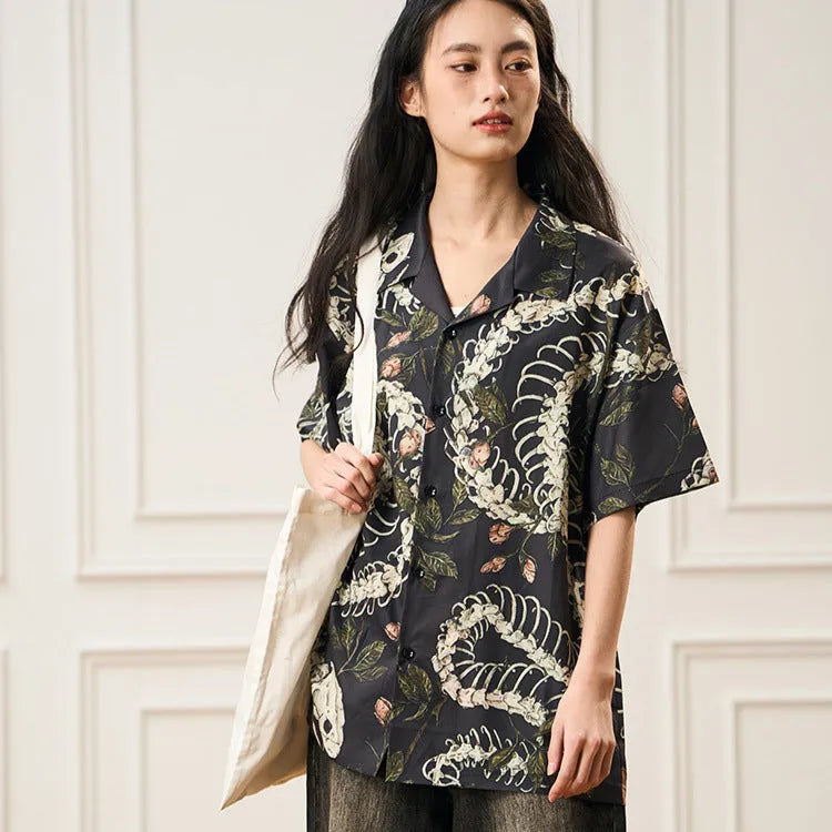 Short sleeve Cuban collar shirt with snake bone flower pattern printed on acetate fabric