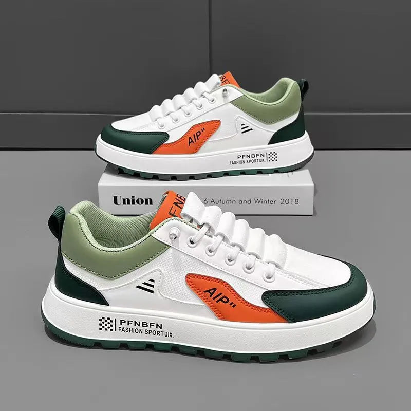 Men's round-toe casual shoes in artificial PU, shown in white and orange, white and black, and white and brown colour options.