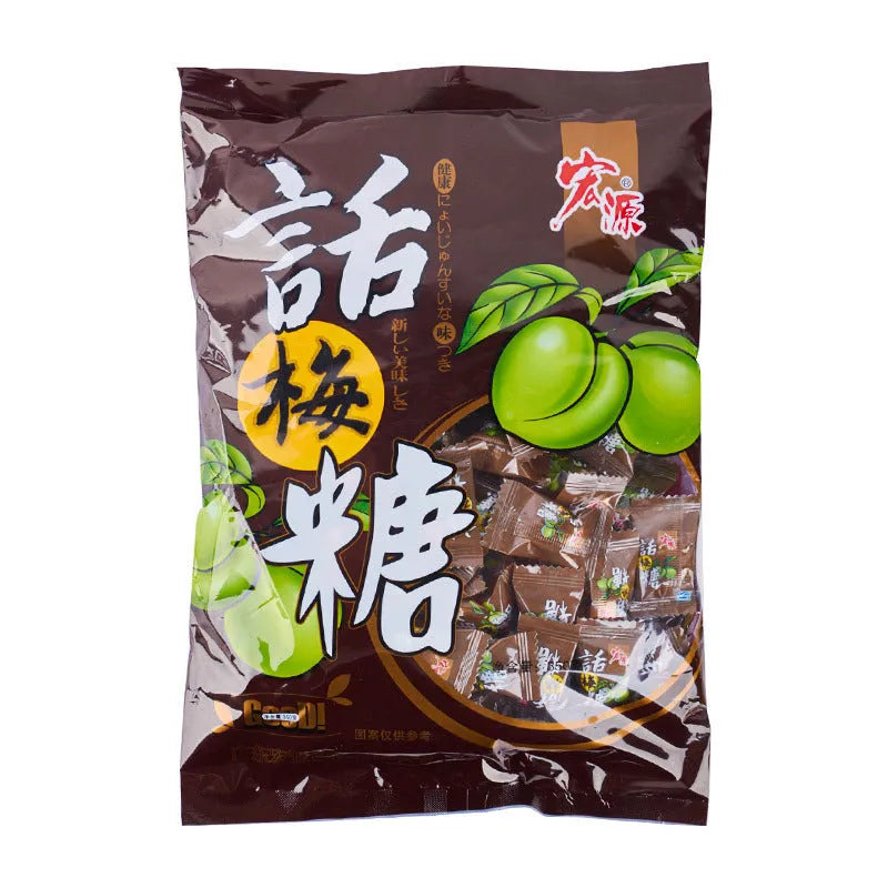 Bag containing three packs of hard candy: tangerine peel, plum sugar, and guava flavours.