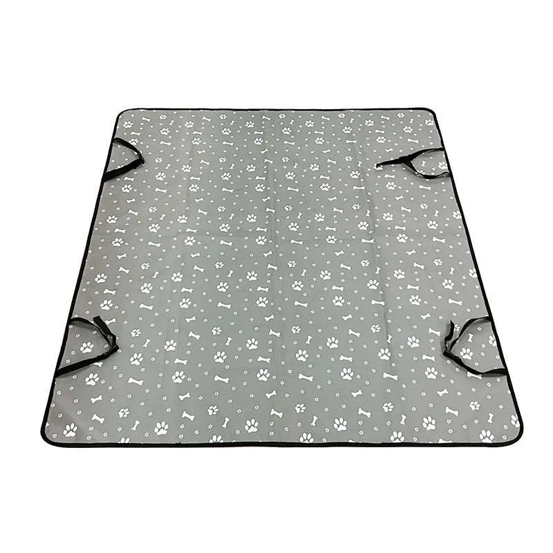 Car pet mat covering rear seat with water resistant cloth material in choice of colours and paw print designs
