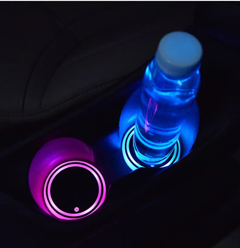 Colourful LED light-up coaster for car cup holder with USB cable.