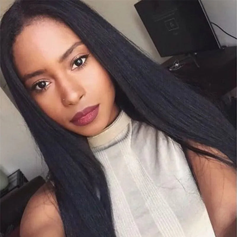 Long straight black wig with centre-parted bangs for women made from high-temperature fibre