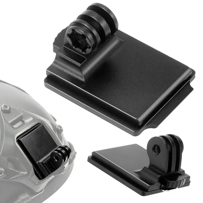 Aluminium alloy universal camera mounting bracket for attaching action cameras to a riding helmet.