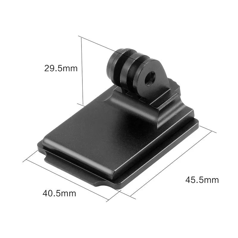 Aluminium alloy universal camera mounting bracket for attaching action cameras to a riding helmet.