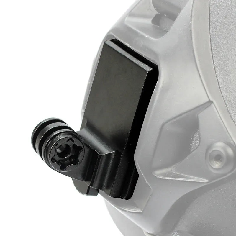 Aluminium alloy universal camera mounting bracket for attaching action cameras to a riding helmet.