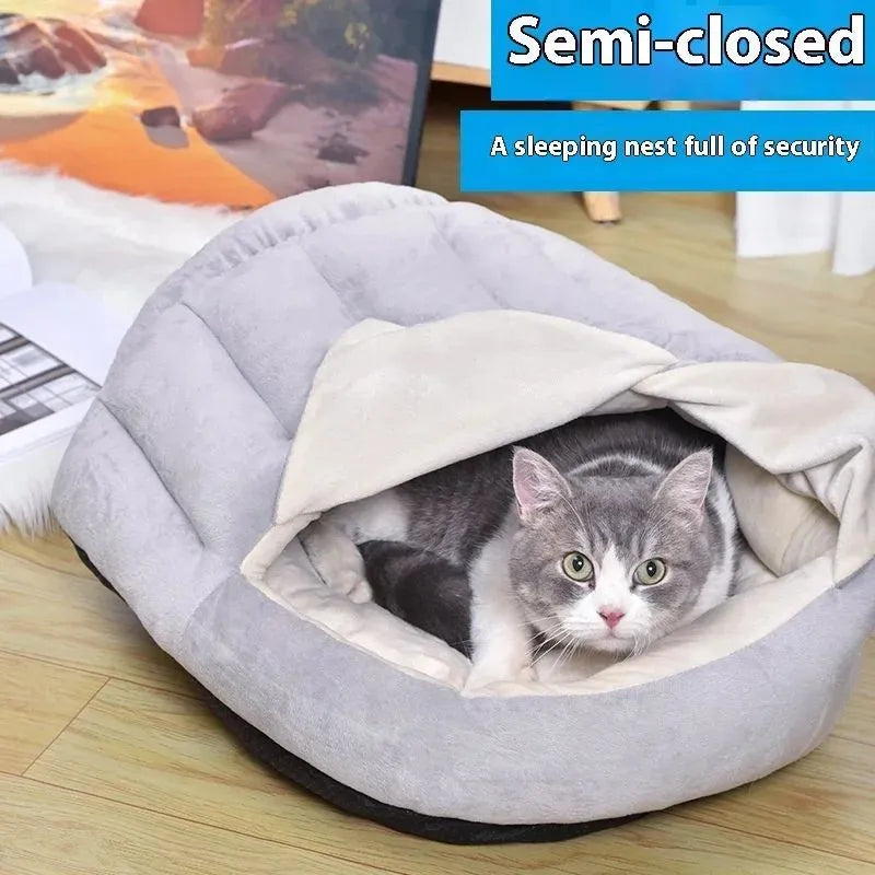 Grey curtain cat nest semi-closed winter bed short plush PP cotton 50x40cm