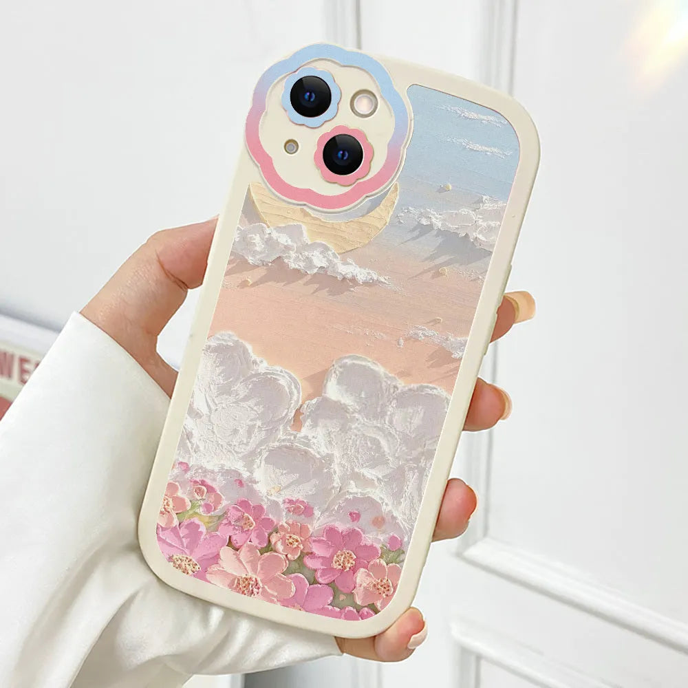 Oil painting moon flower silicone iPhone protective case on a phone