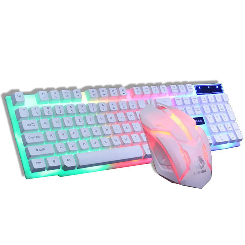 GTX300 black and white wired gaming keyboard and mouse set with backlight on desk