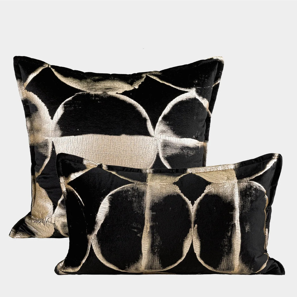 Abstract pattern black and gold flannel decorative cushion with removable cover.