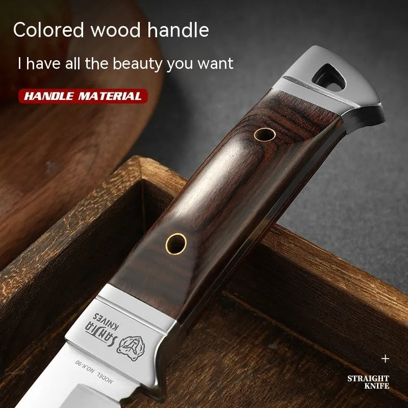 Stainless steel national style folding camping knife displayed with its leather storage case.