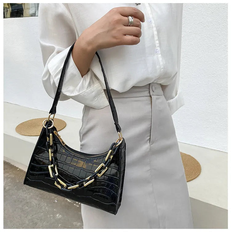 Fashion stone texture shoulder bag with chain in horizontal square shape