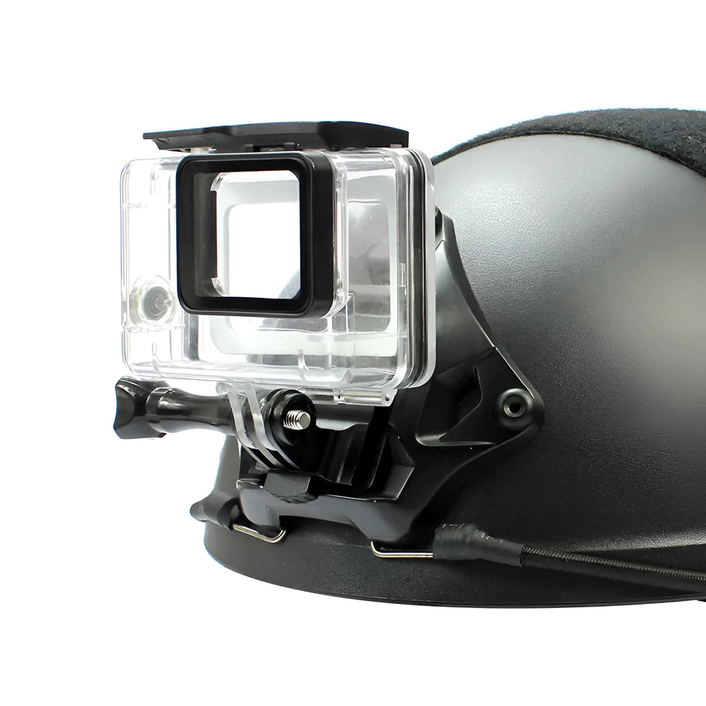 Aluminium alloy universal camera mounting bracket for attaching action cameras to a riding helmet.