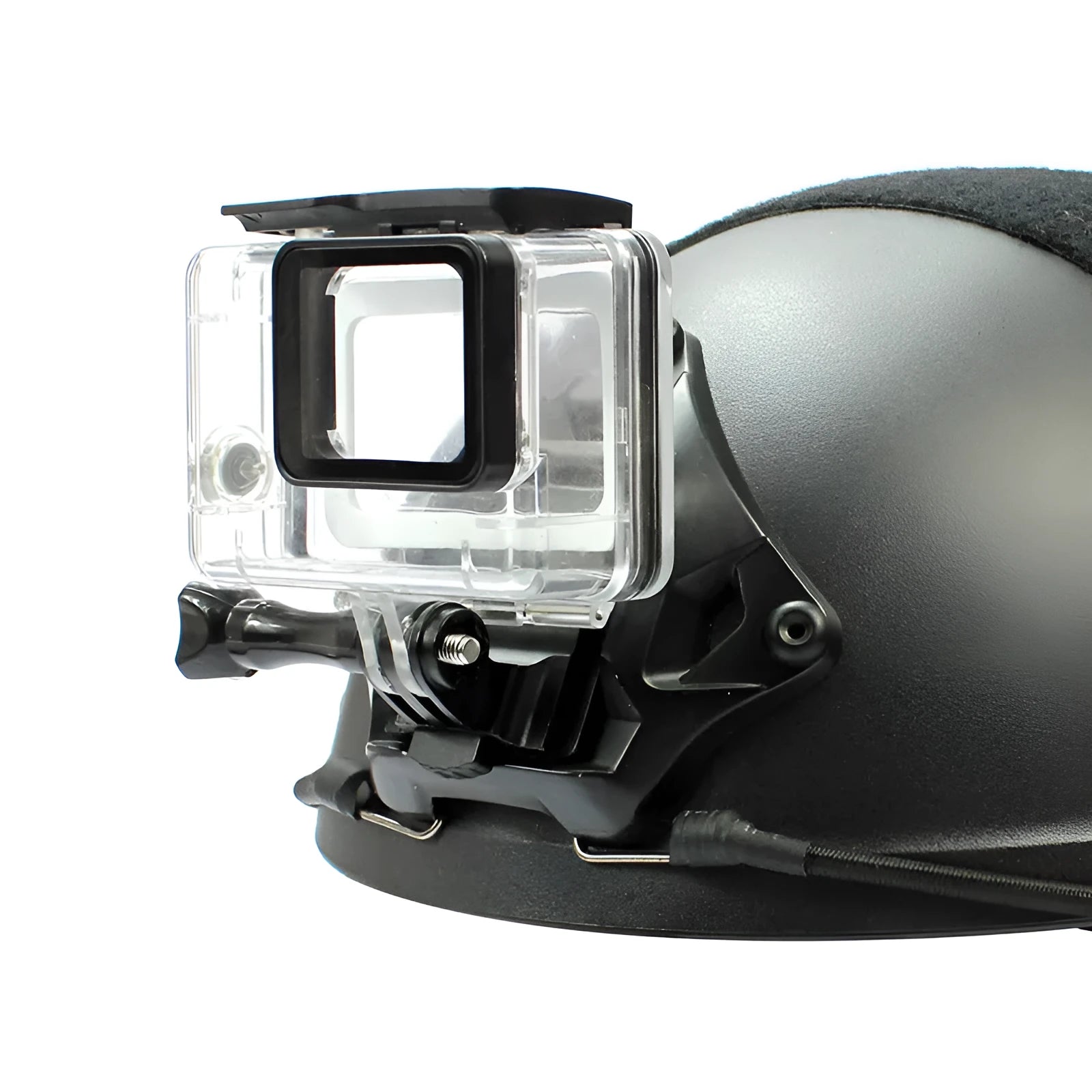 Aluminium alloy universal camera mounting bracket for attaching action cameras to a riding helmet.