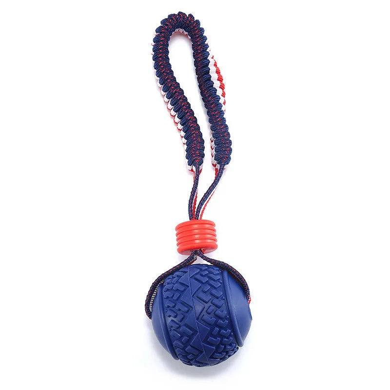 Blue natural rubber dog ball with rope attachment for small medium dogs
