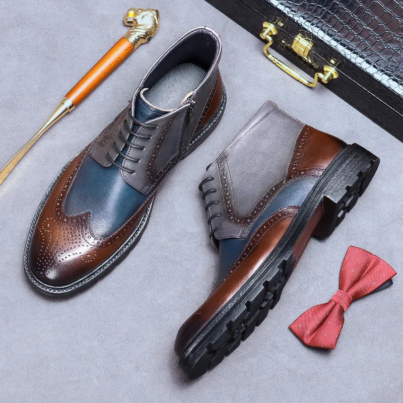 Men's curry blue leather brogue boots with colour-block design and carved detailing
