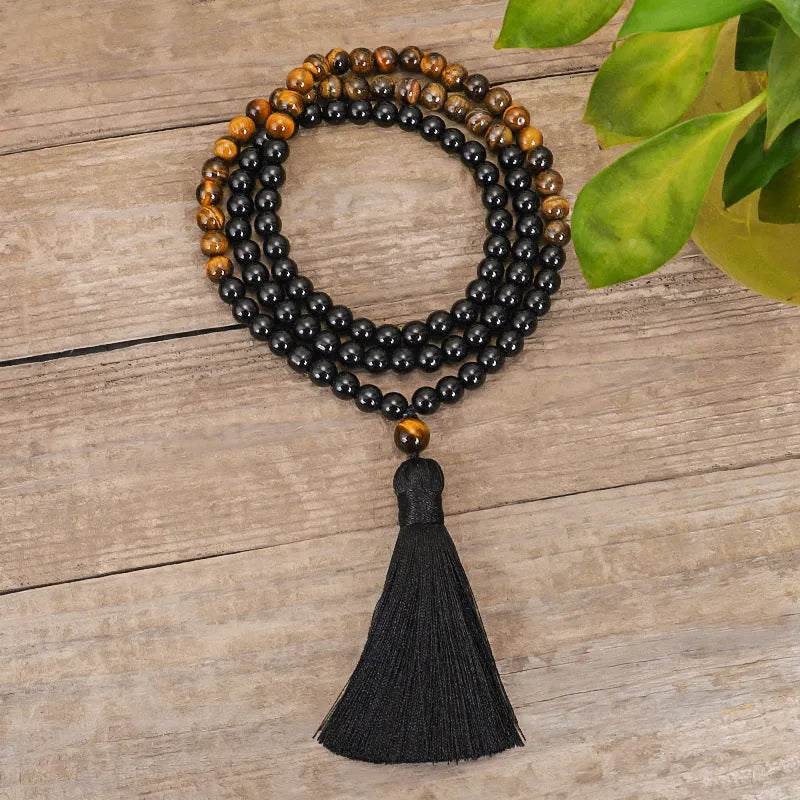 Tiger eye stone tassel sweater chain necklace with drop-shaped pendant on ball bead chain