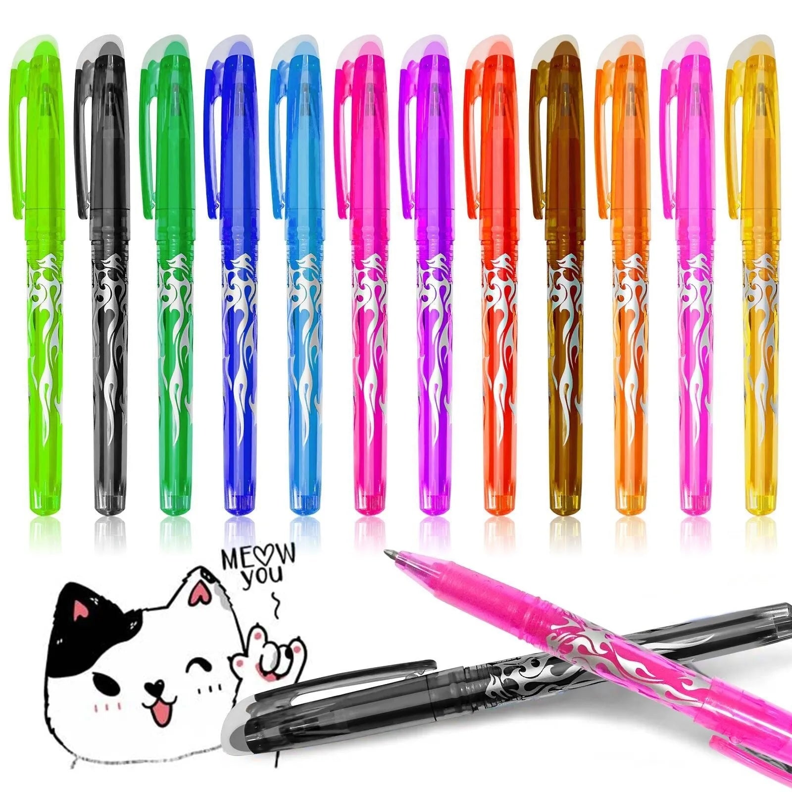 Hot erasable gel pen set showing plastic shell construction and stainless steel nib options in 0.5mm and 0.7mm sizes