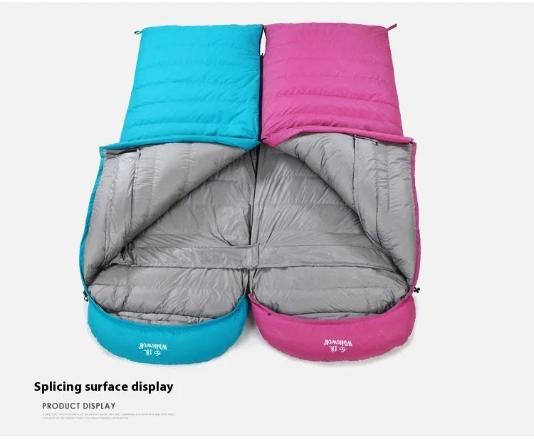 Black adult outdoor sleeping bag with goose down filler and tear-resistant nylon fabric