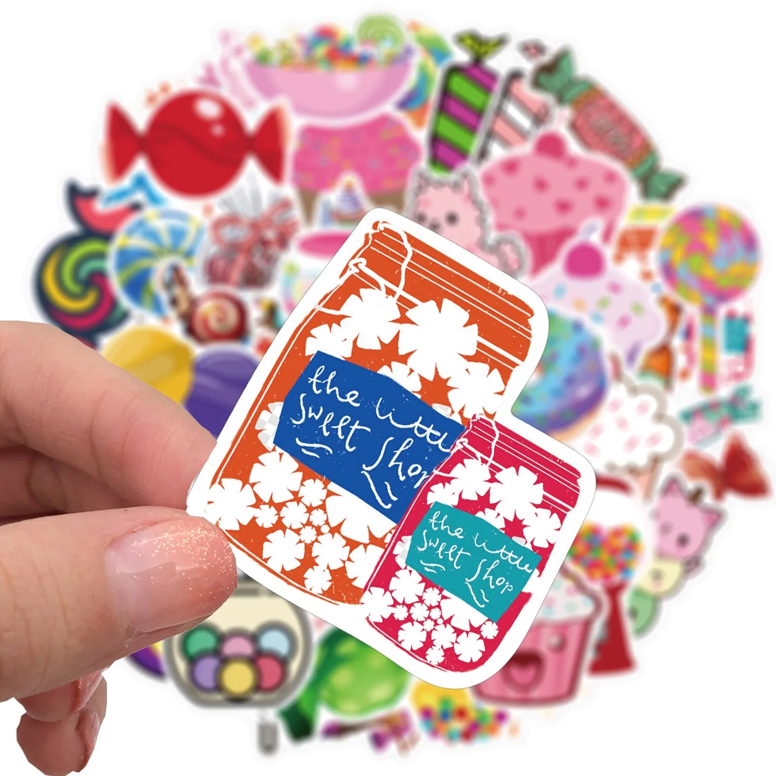 Colourful candy graffiti sticker sheets with cartoon designs measuring 4-6cm
