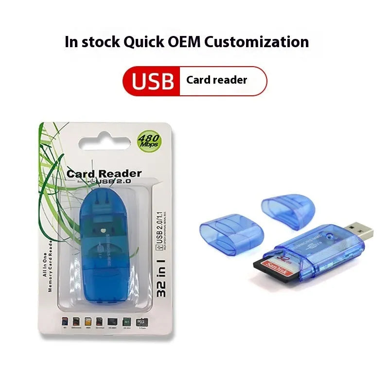 Creative transparent plastic USB card reader with LED light option on a desk