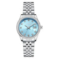 Silver women's alloy watch with circular 32mm dial and stainless steel folding buckle.