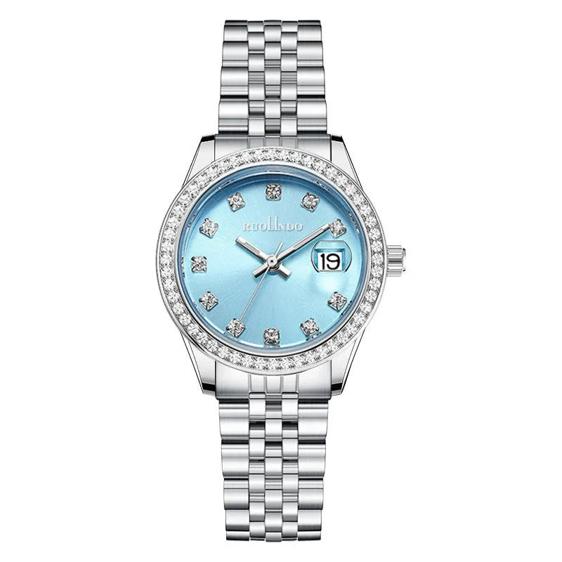 Silver women's alloy watch with circular 32mm dial and stainless steel folding buckle.