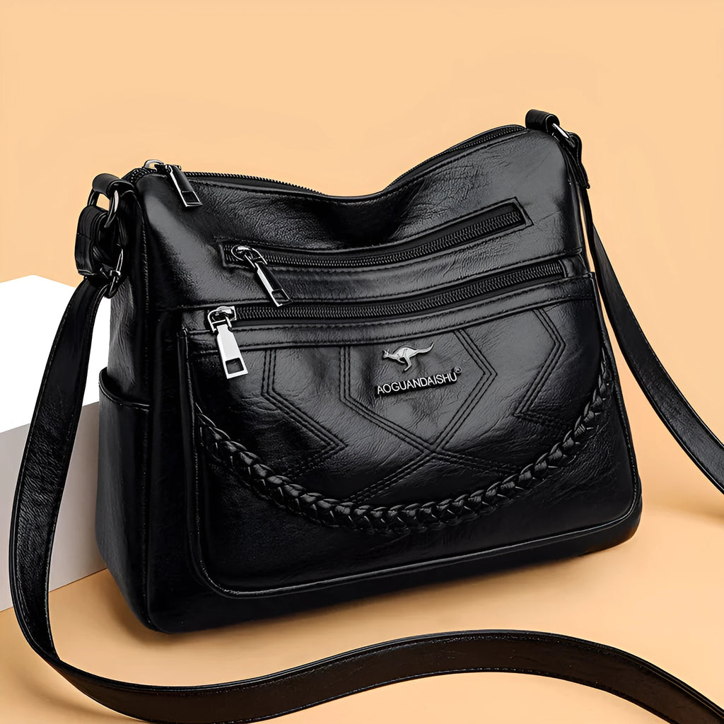 Soft PU leather women's crossbody shoulder bag in horizontal square shape with zippered pockets