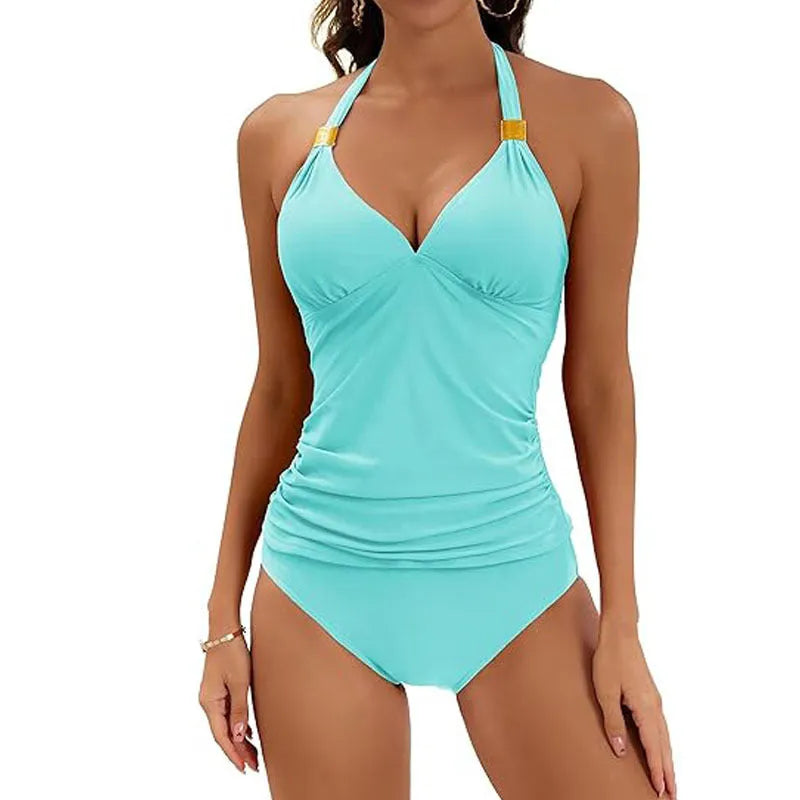 Women's solid colour halter neck bikini set with tie-back and tie-side details.