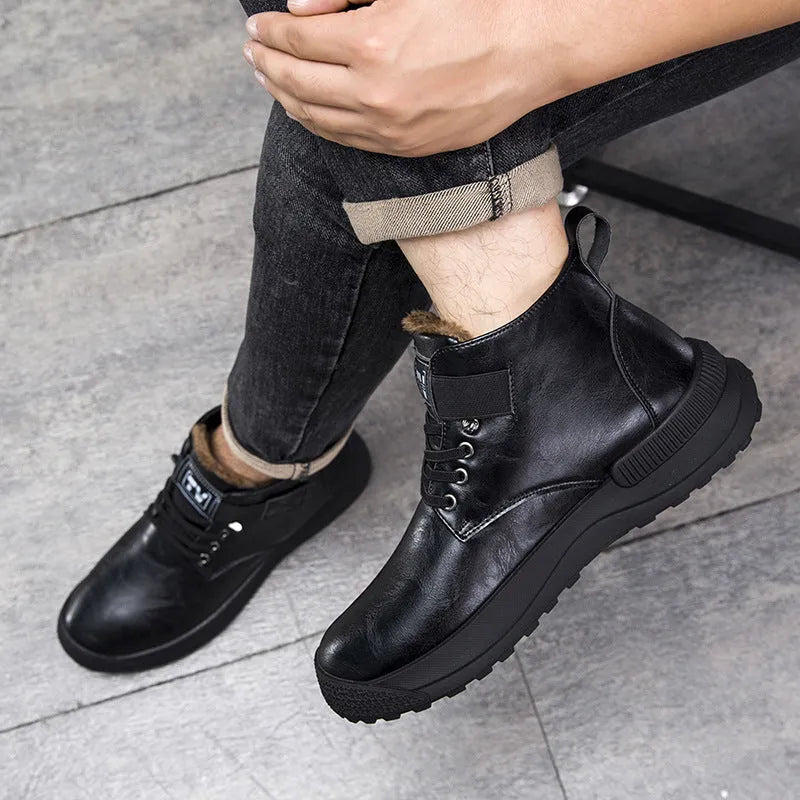 Black high-top platform Martin Boots for men with velvet finish and rubber sole.