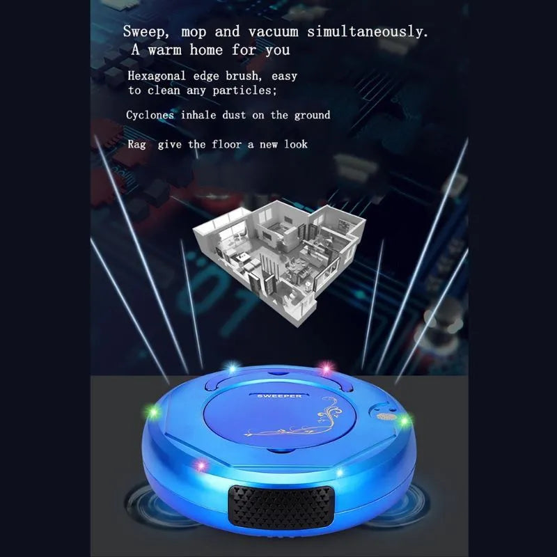 Lazy Smart floor sweeping robot in blue, black or white colours with charging cable and accessories
