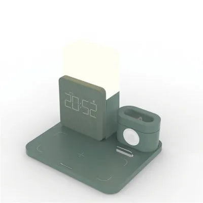 Dark green 3 in 1 folding wireless charger stand for iPhone and AirPods on a desk
