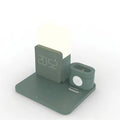 Dark green 3 in 1 folding wireless charger stand for iPhone and AirPods on a desk