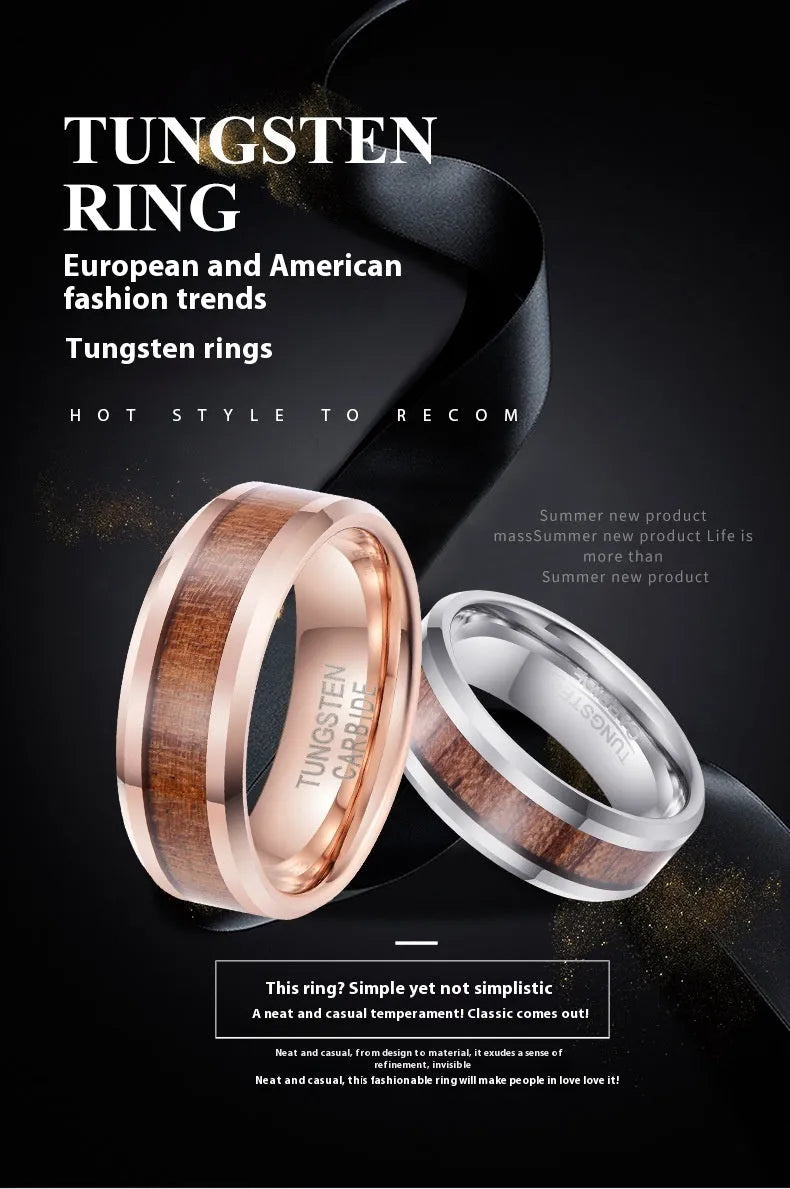 Men's wide 8mm tungsten wedding ring with a leather inlay, shown in rose gold and steel colour finishes.