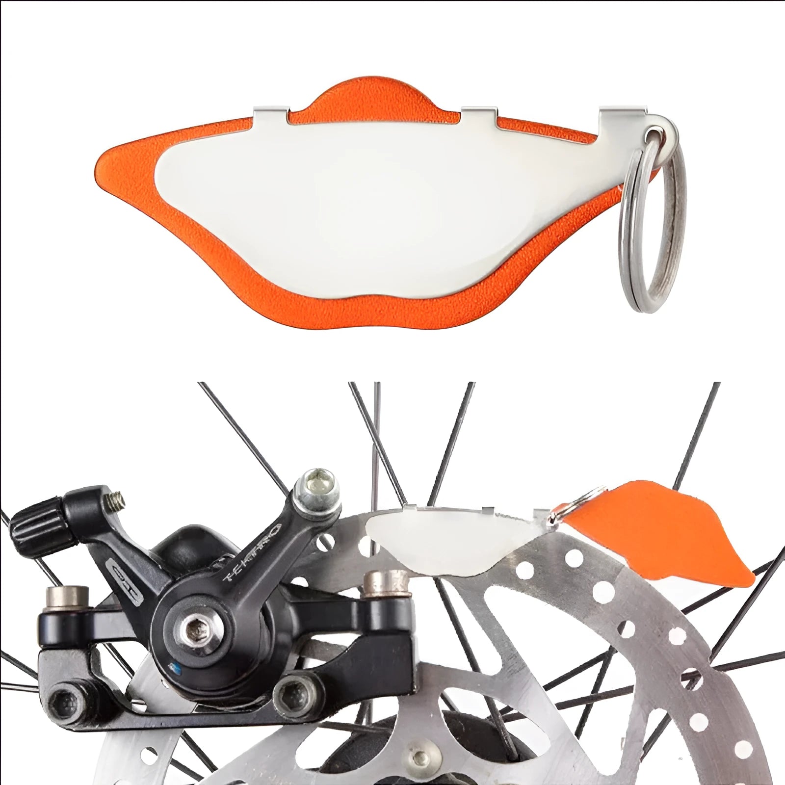 Mountain bike disc brake pads in black or orange with adjustable flap