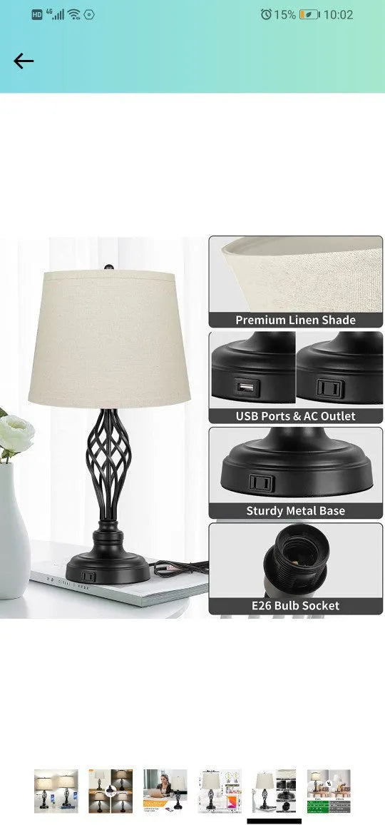 European style alloy metal bedside lamp with touch controls and USB charging socket
