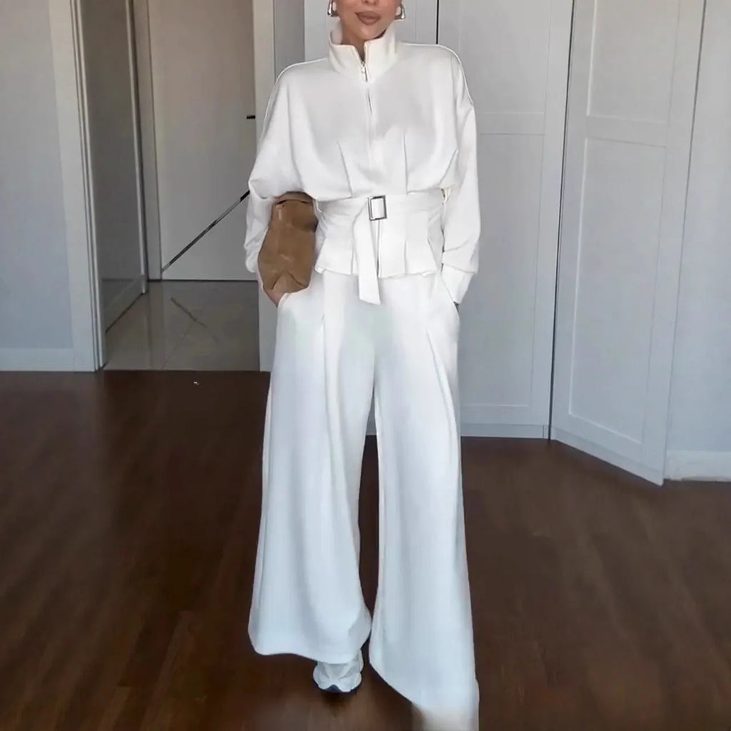 Women's casual polyester suit set with stand collar zipper jacket and pants in dark brown, drop shoulder long sleeves, belt included