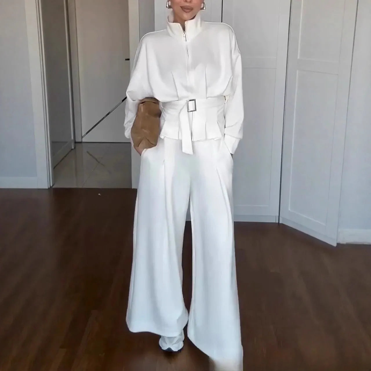 Women's casual polyester suit set with stand collar zipper jacket and pants in dark brown, drop shoulder long sleeves, belt included