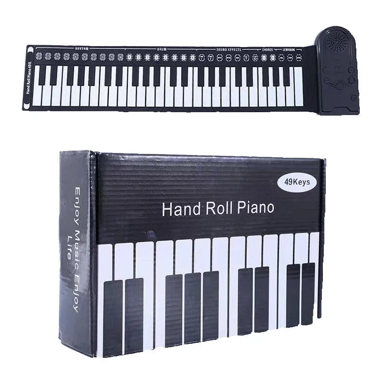 49 key portable folding electronic keyboard in pearl white, showing compact folded size next to unfolded playing position