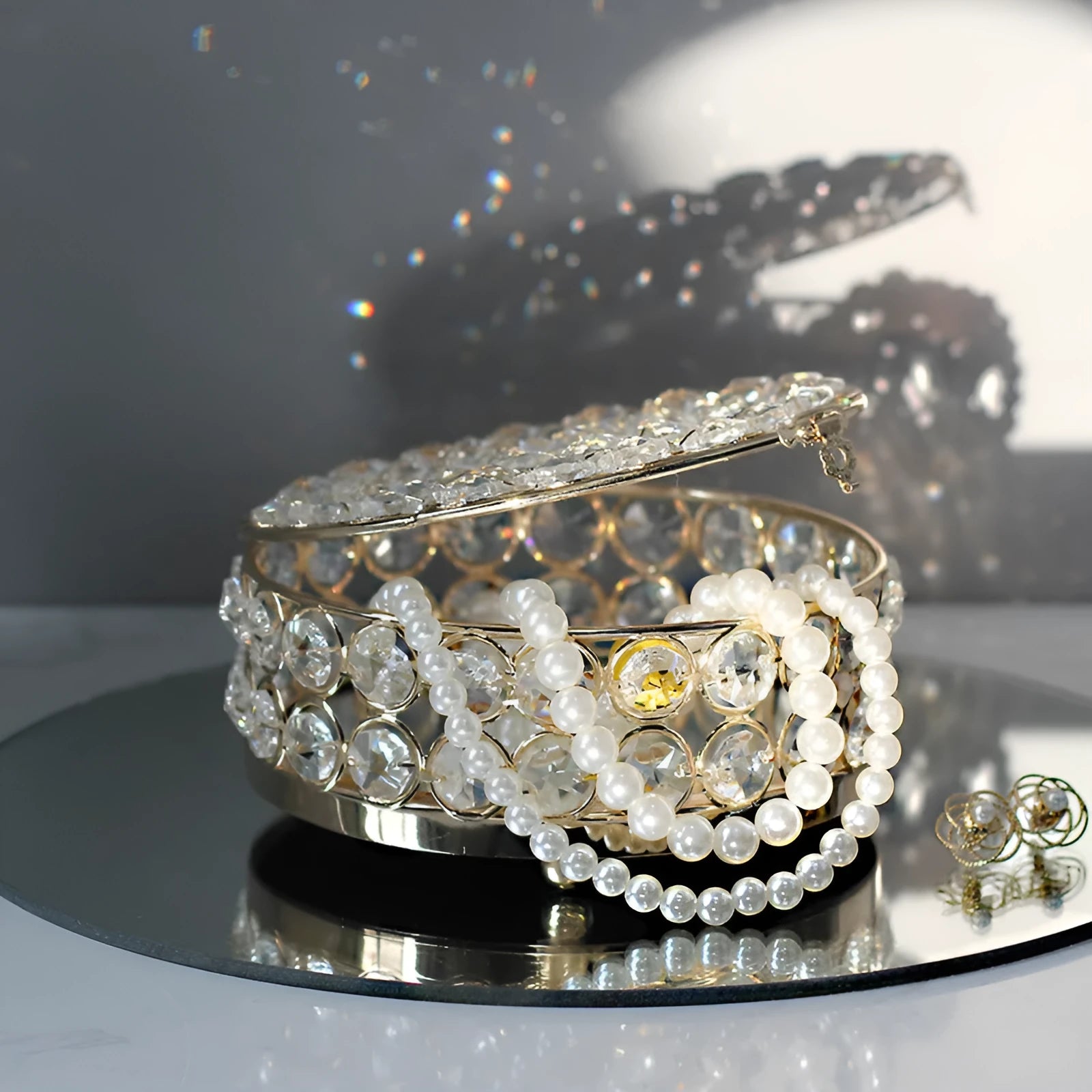 French gold European style jewellery storage box with transparent crystal glass panels and iron metal construction