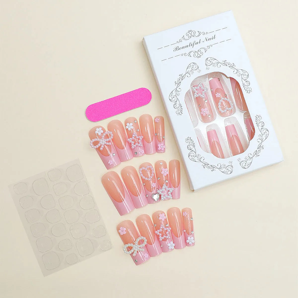 Super long water pipe French spot drill bow wear nails in XB-70-48 colour with love pattern design