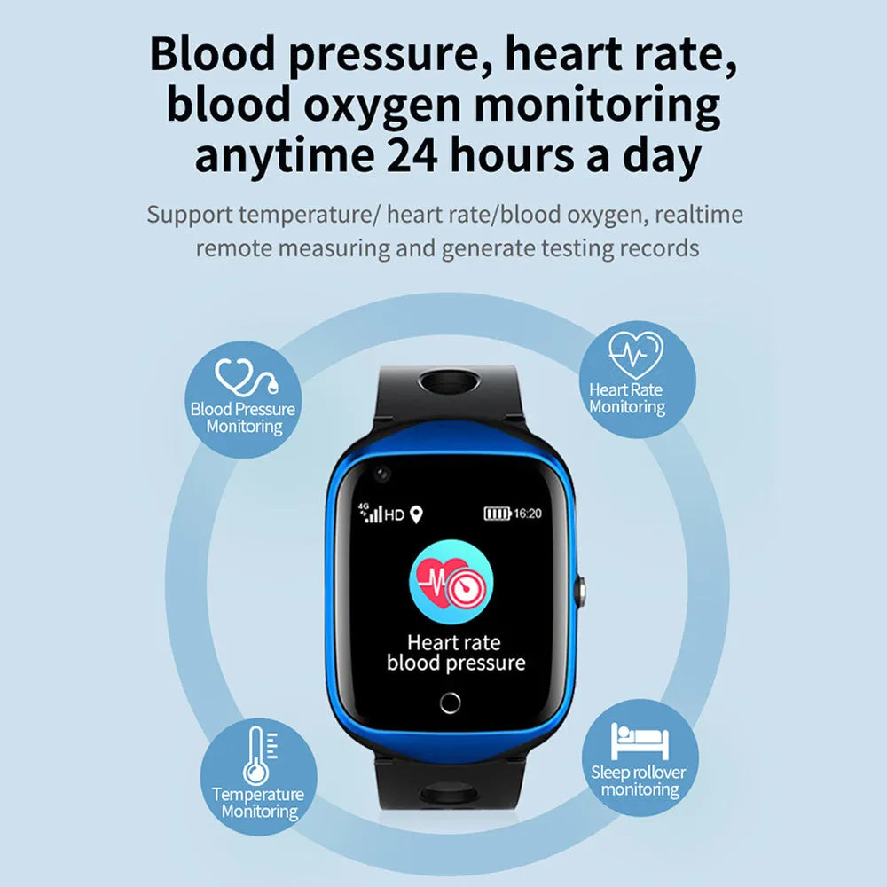 Square faced elderly smartwatch with GPS and SIM card slot on a silicone strap, shown in black, blue, and silver.