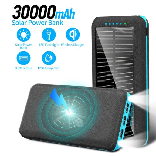 Black solar power bank with wireless Qi charging pad, three USB ports, and an LED flashlight