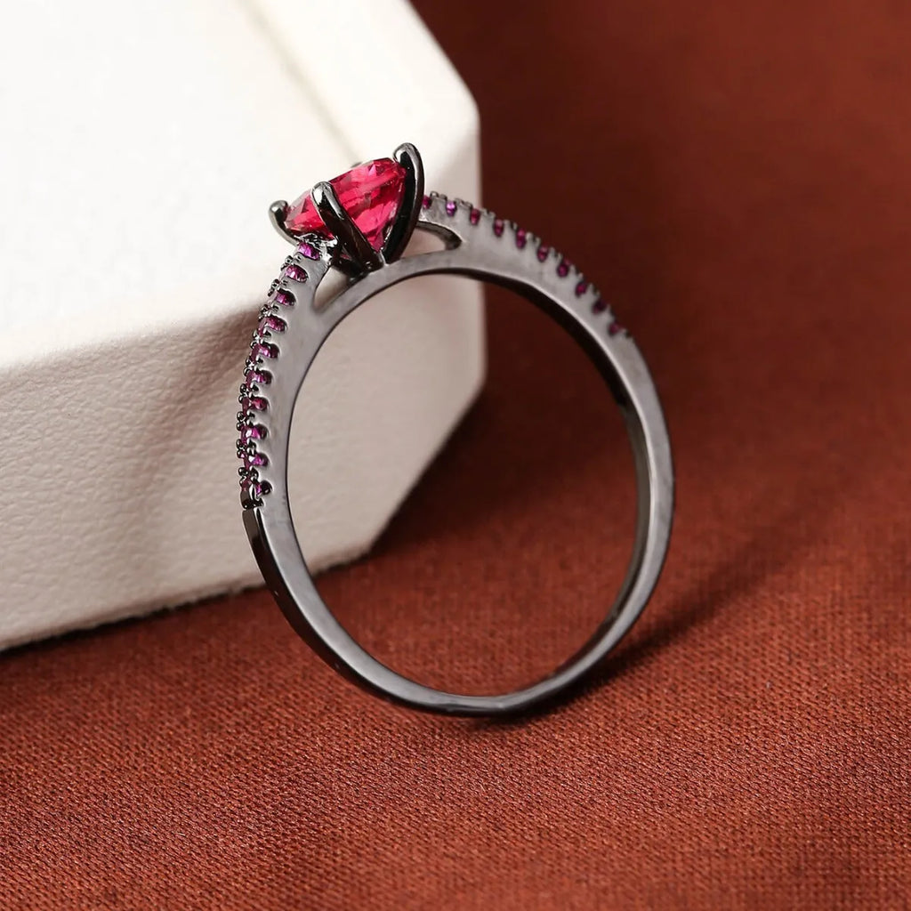 Zircon hexagon ring with geometric design showing electroplated colour options on copper base