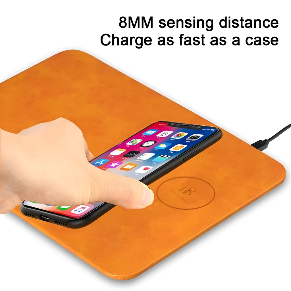 Brown wireless charging mouse pad with leather surface and Micro USB cable