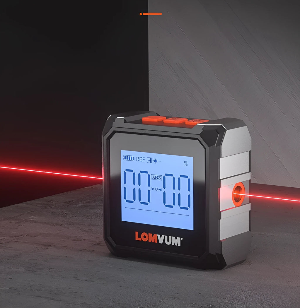 Digital laser infrared inclinometer with steel tape measure showing backlight display and magnetic sides