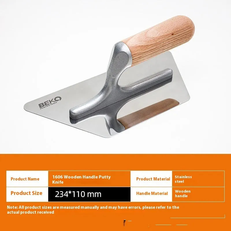 Stainless steel scraper tool with wooden handle for floor and wall putty removal.