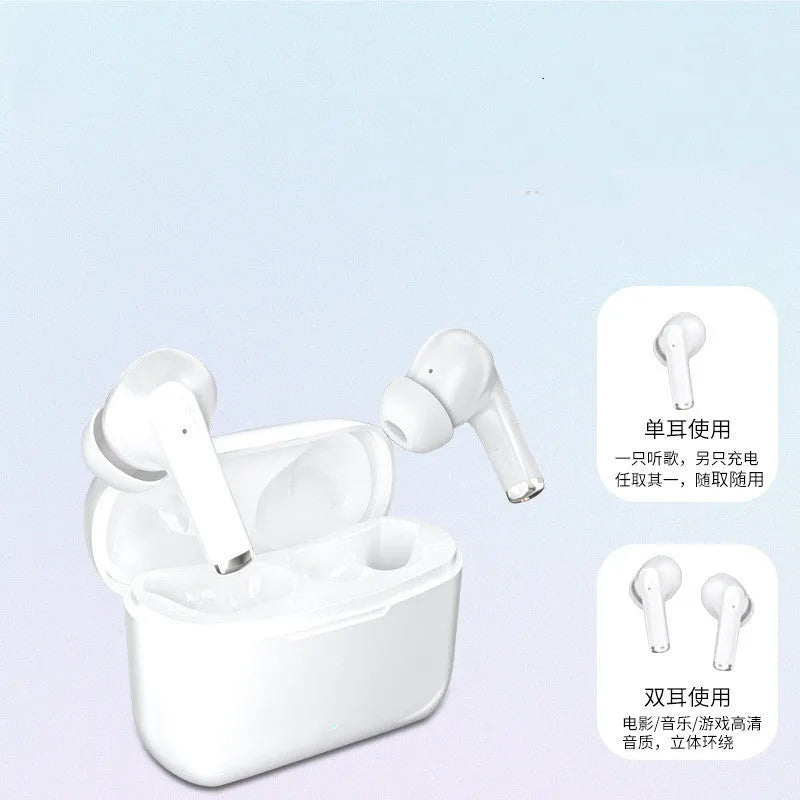 Wireless Bluetooth 5.0 stereo earbud headset in white, earplug type with data cable, bilateral design
