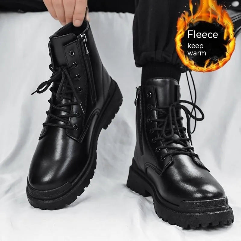 Men's black mid-top Martin boots with a flat rubber sole and PU leather upper.