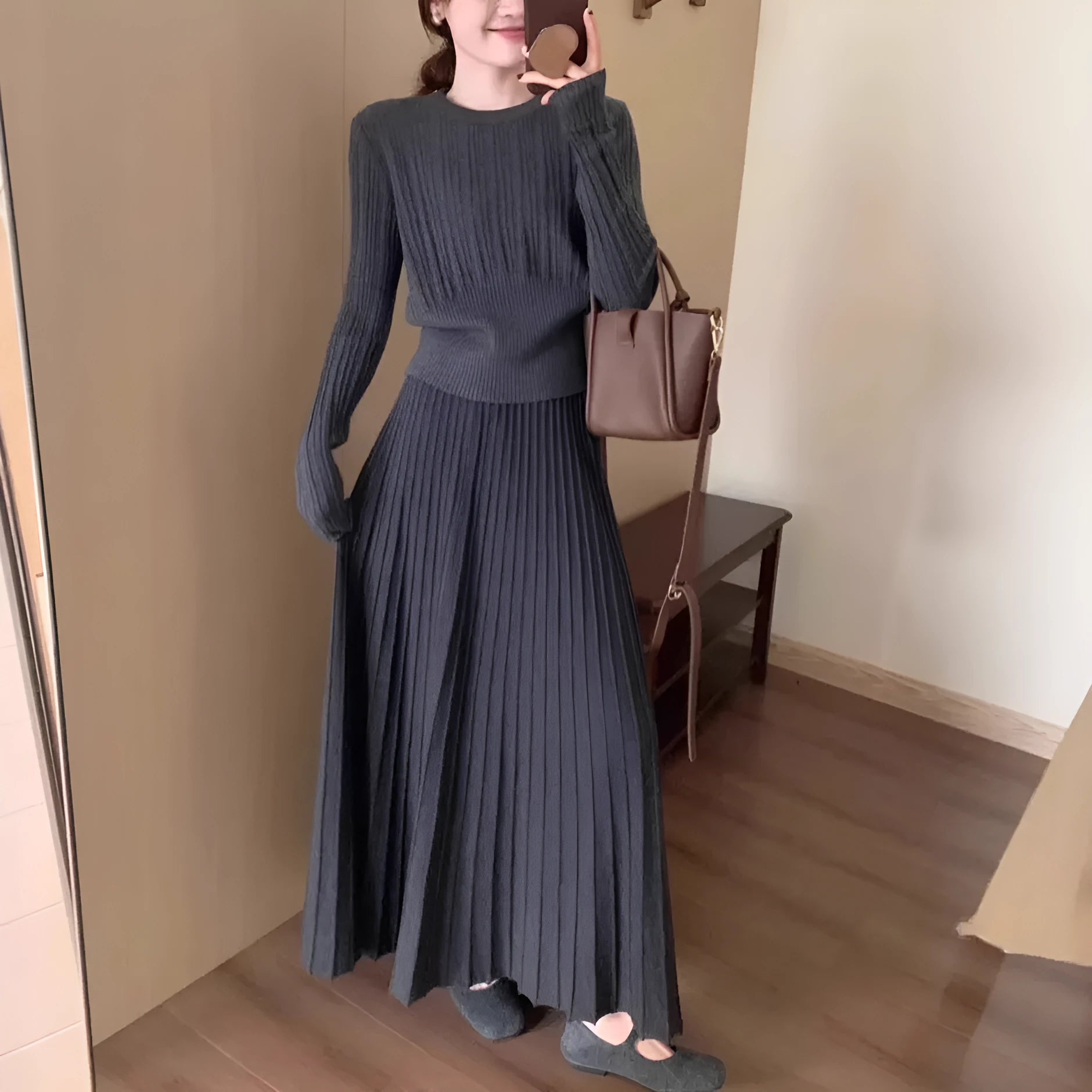 Women's artistic retro knitted dress suit set with 3D pattern, dark grey colour
