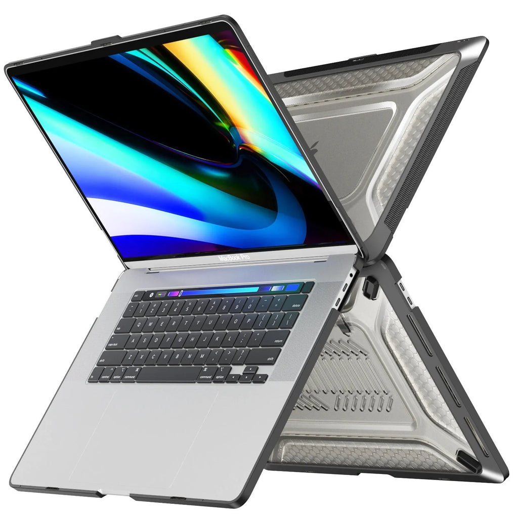 MacBook Air and Pro protective shell case in sapphire blue, elegant apricot, cool black, and starry sky grey colours.